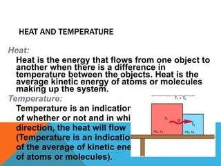 HEAT AND TEMPERATURE
Heat:
Heat is the energy that flows from one object to
another when there is a difference in
temperature between the objects. Heat is the
average kinetic energy of atoms or molecules
making up the system.
Temperature:
Temperature is an indication
of whether or not and in which
direction, the heat will flow
(Temperature is an indication
of the average of kinetic energy
of atoms or molecules).
 