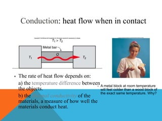  A metal block at room temperature
will feel colder than a wood block of
the exact same temperature. Why?
 The rate of heat flow depends on:
a) the temperature difference between
the objects.
b) the thermal conductivity of the
materials, a measure of how well the
materials conduct heat.
Conduction: heat flow when in contact
 