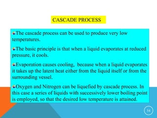 54
CASCADE PROCESS
The cascade process can be used to produce very low
temperatures.
The basic principle is that when a liquid evaporates at reduced
pressure, it cools.
Evaporation causes cooling, because when a liquid evaporates
it takes up the latent heat either from the liquid itself or from the
surrounding vessel.
Oxygen and Nitrogen can be liquefied by cascade process. In
this case a series of liquids with successively lower boiling point
is employed, so that the desired low temperature is attained.
 