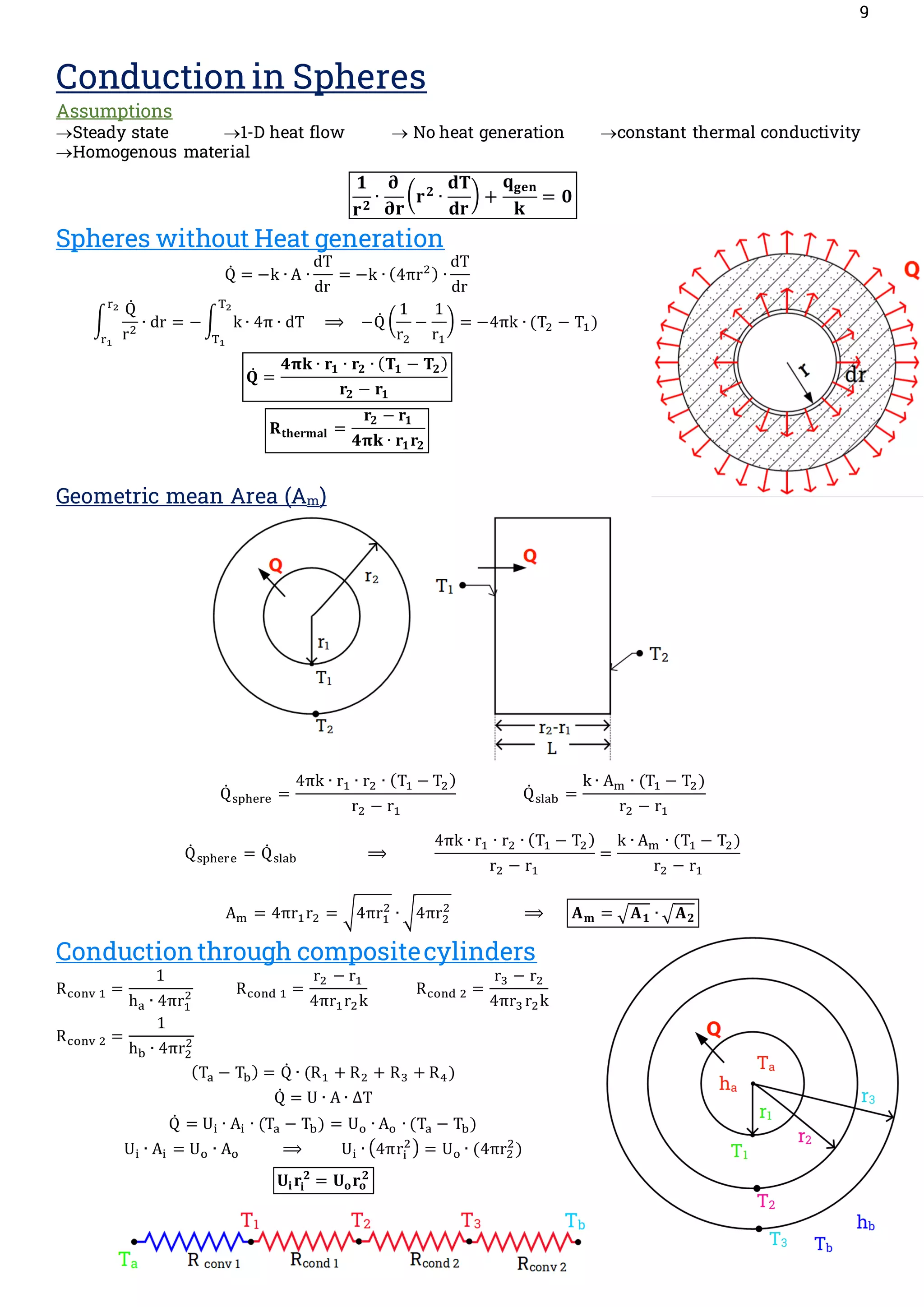9
Conduction in Spheres
Assumptions
→Steady state →1-D heat flow → No heat generation →constant thermal conductivity
→Homogenous material
𝟏
𝐫𝟐
∙
𝛛
𝛛𝐫
(𝐫𝟐
∙
𝐝𝐓
𝐝𝐫
) +
𝐪𝐠𝐞𝐧
𝐤
= 𝟎
Spheres without Heat generation
Q̇ = −k ∙ A ∙
dT
dr
= −k ∙ (4πr2) ∙
dT
dr
∫
Q̇
r2
∙ dr
r2
r1
= −∫ k ∙ 4π
T2
T1
∙ dT ⟹ −Q̇ (
1
r2
−
1
r1
) = −4πk ∙ (T2 − T1)
𝐐̇ =
𝟒𝛑𝐤 ∙ 𝐫𝟏 ∙ 𝐫𝟐 ∙ (𝐓𝟏 − 𝐓𝟐)
𝐫𝟐 − 𝐫𝟏
𝐑𝐭𝐡𝐞𝐫𝐦𝐚𝐥 =
𝐫𝟐 − 𝐫𝟏
𝟒𝛑𝐤 ∙ 𝐫𝟏𝐫𝟐
Geometric mean Area (Am)
Q̇ sphere =
4πk ∙ r1 ∙ r2 ∙ (T1 − T2)
r2 − r1
Q̇ slab =
k ∙ Am ∙ (T1 − T2)
r2 − r1
Q̇ sphere = Q̇ slab ⟹
4πk ∙ r1 ∙ r2 ∙ (T1 − T2)
r2 − r1
=
k ∙ Am ∙ (T1 − T2)
r2 − r1
Am = 4πr1r2 = √4πr1
2
∙ √4πr2
2
⟹ 𝐀𝐦 = √𝐀𝟏 ∙ √𝐀𝟐
Conduction through compositecylinders
Rconv 1 =
1
ha ∙ 4πr1
2 Rcond 1 =
r2 − r1
4πr1r2k
Rcond 2 =
r3 − r2
4πr3 r2k
Rconv 2 =
1
hb ∙ 4πr2
2
(Ta − Tb) = Q̇ ∙ (R1 + R2 + R3 + R4)
Q̇ = U ∙ A ∙ ΔT
Q̇ = Ui ∙ Ai ∙ (Ta − Tb) = Uo ∙ Ao ∙ (Ta − Tb)
Ui ∙ Ai = Uo ∙ Ao ⟹ Ui ∙ (4πri
2) = Uo ∙ (4πr2
2
)
𝐔𝐢𝐫𝐢
𝟐
= 𝐔𝐨𝐫𝐨
𝟐
 