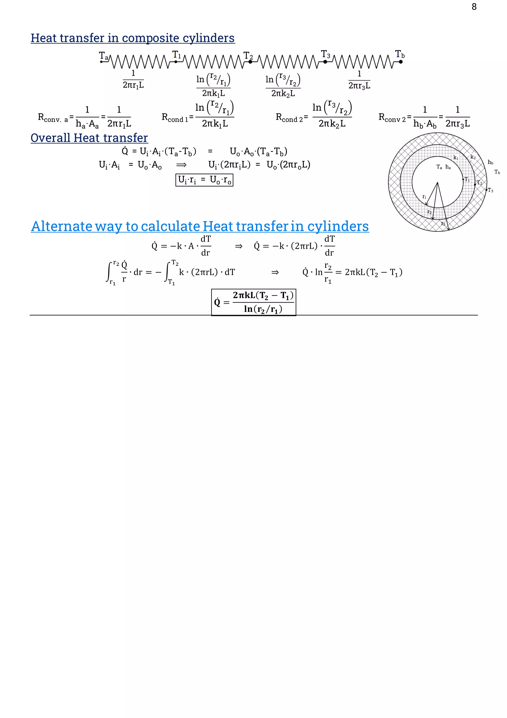 8
Heat transfer in composite cylinders
Rconv. a=
1
ha∙Aa
=
1
2πr1L
Rcond 1=
ln (r2
r1
⁄ )
2πk1L
Rcond 2=
ln (r3
r2
⁄ )
2πk2L
Rconv 2=
1
hb∙Ab
=
1
2πr3L
Overall Heat transfer
Q̇ = Ui∙Ai∙(Ta-Tb) = Uo∙Ao∙(Ta-Tb)
Ui∙Ai = Uo∙Ao ⟹ Ui∙(2πriL) = Uo∙(2πroL)
Ui∙ri = Uo∙ro
Alternateway to calculate Heat transferin cylinders
Q̇ = −k ∙ A ∙
dT
dr
⇒ Q̇ = −k ∙ (2πrL) ∙
dT
dr
∫
Q̇
r
∙ dr
r2
r1
= − ∫ k ∙ (2πrL)
T2
T1
∙ dT ⇒ Q̇ ∙ ln
r2
r1
= 2πkL(T2 − T1)
𝐐̇ =
𝟐𝛑𝐤𝐋(𝐓𝟐 − 𝐓𝟏)
𝐥𝐧(𝐫𝟐 𝐫𝟏
⁄ )
 