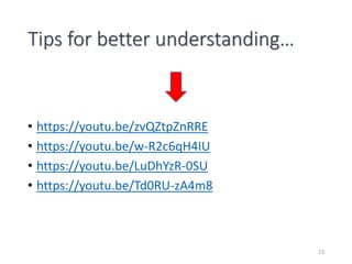 • https://youtu.be/zvQZtpZnRRE
• https://youtu.be/w-R2c6qH4IU
• https://youtu.be/LuDhYzR-0SU
• https://youtu.be/Td0RU-zA4m8
Tips for better understanding…
13
 