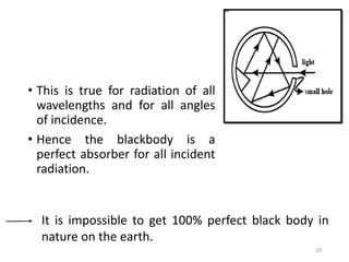 • This is true for radiation of all
wavelengths and for all angles
of incidence.
• Hence the blackbody is a
perfect absorber for all incident
radiation.
19
It is impossible to get 100% perfect black body in
nature on the earth.
 