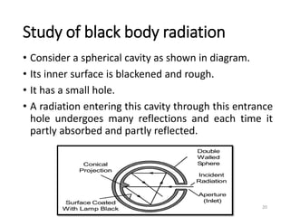 Study of black body radiation
• Consider a spherical cavity as shown in diagram.
• Its inner surface is blackened and rough.
• It has a small hole.
• A radiation entering this cavity through this entrance
hole undergoes many reflections and each time it
partly absorbed and partly reflected.
20
 