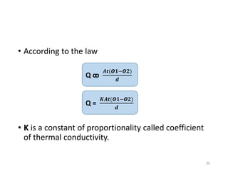 • According to the law
• K is a constant of proportionality called coefficient
of thermal conductivity.
30
Q ꝏ
𝑨𝒕(𝞗𝟏−𝞗𝟐)
𝒅
Q =
𝑲𝑨𝒕(𝞗𝟏−𝞗𝟐)
𝒅
 