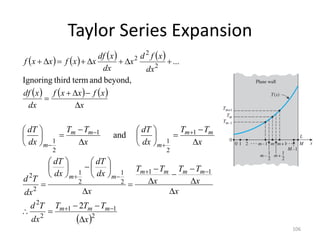 Taylor Series Expansion
106
       
     
x
x
f
x
x
f
dx
x
df
dx
x
f
d
x
dx
x
df
x
x
f
x
x
f













beyond,
and
term
third
Ignoring
...
2
2
2
 2
1
1
2
2
1
1
2
1
2
1
2
2
1
2
1
1
2
1
2
and
x
T
T
T
dx
T
d
x
x
T
T
x
T
T
x
dx
dT
dx
dT
dx
T
d
x
T
T
dx
dT
x
T
T
dx
dT
m
m
m
m
m
m
m
m
m
m
m
m
m
m
m























































 