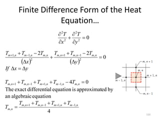 Finite Difference Form of the Heat
Equation…
110
0
2
2
2
2






y
T
x
T
   
4
equation
algebraic
an
by
ed
approximat
is
equation
al
differenti
exact
The
0
4
0
2
2
,
1
,
1
1
,
1
,
,
,
,
1
,
1
1
,
1
,
2
,
1
,
1
,
2
,
,
1
,
1
n
m
n
m
n
m
n
m
n
m
n
m
n
m
n
m
n
m
n
m
n
m
n
m
n
m
n
m
n
m
n
m
T
T
T
T
T
T
T
T
T
T
y
x
If
y
T
T
T
x
T
T
T
































 