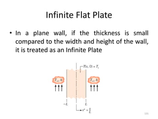 Infinite Flat Plate
• In a plane wall, if the thickness is small
compared to the width and height of the wall,
it is treated as an Infinite Plate
131
 