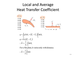 Local and Average
Heat Transfer Coefficient
164
 
 















L
s
A
s
s
s
s
A
s
s
A
hdx
L
h
dA
h
A
h
T
T
A
h
q
dA
h
T
T
dA
q
q
s
s
s
0
1
distance.
only with
h varies
plate,
flat
a
For
1
"
 
