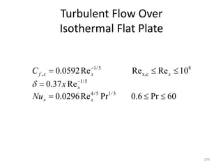 Turbulent Flow Over
Isothermal Flat Plate
170
60
Pr
0.6
Pr
Re
0296
.
0
Re
37
.
0
10
Re
Re
Re
0592
.
0
3
/
1
5
/
4
5
/
1
8
c
x,
5
/
1
,









x
x
x
x
x
x
f
Nu
x
C

 