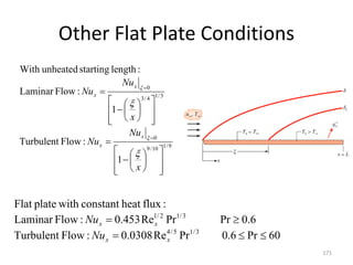Other Flat Plate Conditions
171
9
/
1
10
/
9
0
3
/
1
4
/
3
0
1
:
Flow
Turbulent
1
:
Flow
Laminar
:
length
starting
unheated
With


































x
Nu
Nu
x
Nu
Nu
x
x
x
x




60
Pr
0.6
Pr
Re
0308
.
0
:
Flow
Turbulent
0.6
Pr
Pr
Re
453
.
0
:
Flow
Laminar
:
flux
heat
constant
with
plate
Flat
3
/
1
5
/
4
3
/
1
2
/
1





x
x
x
x
Nu
Nu
 