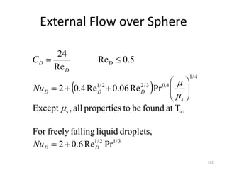 External Flow over Sphere
182
 
3
/
1
2
/
1
s
4
/
1
4
.
0
3
/
2
2
/
1
D
Pr
Re
6
.
0
2
droplets,
liquid
falling
freely
For
T
at
found
be
to
properties
all
,
Except
Pr
Re
06
.
0
Re
4
.
0
2
5
.
0
Re
Re
24
D
D
s
D
D
D
D
D
Nu
Nu
C



















 