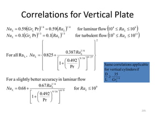Correlations for Vertical Plate
235
     
     
9
9
4
16
9
4
1
2
27
8
16
9
6
1
L
13
9
3
/
1
3
/
1
9
4
4
/
1
4
/
1
10
for
Pr
492
0
1
67
0
68
0
flow
laminar
in
accuracy
better
slightly
a
For
Pr
492
0
1
387
0
825
0
,
Ra
all
For
10
10
flow
ent
for turbul
1
.
0
Pr
1
.
0
10
10
flow
laminar
for
59
.
0
Pr
59
.
0





























































L
/
/
/
L
L
/
/
/
L
L
L
L
L
L
L
L
L
L
Ra
.
Ra
.
.
Nu
.
Ra
.
.
Nu
Ra
Ra
Gr
Nu
Ra
Ra
Gr
Nu
4
/
1
35
L
D
if
cylinders
al
for vertic
applicable
ns
correlatio
Same
L
Gr

 