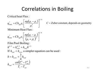 Correlations in Boiling
267
 
 
 
 
sat
s
sat
s
rad
rad
conv
conv
rad
/
rad
/
conv
/
/
v
l
v
l
v
fg
"
/
v
v
l
v
fg
"
T
T
T
T
h
h
h
h
h
h
h
h
h
h
ρ
ρ
ρ
σg
ρ
Ch
q
ρ
ρ
ρ
σg
ρ
Ch
q






















 

4
4
3
1
3
4
3
4
4
1
2
min
4
1
2
max
4
3
:
used
be
can
equation
simpler
a
If
:
Boiling
Pool
Film
:
Flux
Heat
Minimum
:
Flux
heat
Critical


geometry
on
depends
constant,
Zuber

C
 