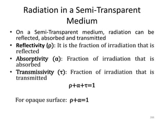 Radiation in a Semi-Transparent
Medium
• On a Semi-Transparent medium, radiation can be
reflected, absorbed and transmitted
• Reflectivity (ρ): It is the fraction of irradiation that is
reflected
• Absorptivity (α): Fraction of irradiation that is
absorbed
• Transmissivity (τ): Fraction of irradiation that is
transmitted
ρ+α+τ=1
For opaque surface: ρ+α=1
288
 
