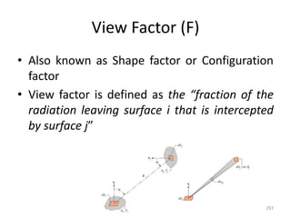 View Factor (F)
• Also known as Shape factor or Configuration
factor
• View factor is defined as the “fraction of the
radiation leaving surface i that is intercepted
by surface j”
297
 