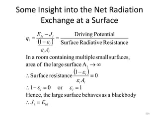 Some Insight into the Net Radiation
Exchange at a Surface
314
 
 
bi
i
i
i
i
i
i
i
i
i
i
i
bi
i
E
J
A
A
J
E
q















blackbody
a
as
behaves
surface
large
the
Hence,
1
or
0
1
0
1
resistance
Surface
A
surface
large
the
of
area
surfaces,
small
multiple
containing
room
a
In
Resistance
Radiative
Surface
Potential
Driving
1






 