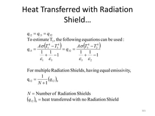 Heat Transferred with Radiation
Shield…
365
   
 
  Shield
Radiation
no
with
ferred
heat trans
Shields
Radiation
of
Number
1
1
q
,
emissivity
equal
having
Shields,
Radiation
multiple
For
1
1
1
1
1
1
:
used
be
can
equations
following
the
,
T
estimate
To
0
12
0
12
12
2
3
4
2
4
3
32
3
1
4
3
4
1
13
3
32
13
12















q
N
q
N
T
T
A
q
T
T
A
q
q
q
q






 