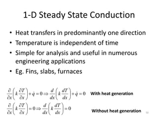 1-D Steady State Conduction
• Heat transfers in predominantly one direction
• Temperature is independent of time
• Simple for analysis and useful in numerous
engineering applications
• Eg. Fins, slabs, furnaces
50
0
0
0
0








































dx
dT
k
dx
d
x
T
k
x
q
dx
dT
k
dx
d
q
x
T
k
x

 With heat generation
Without heat generation
 