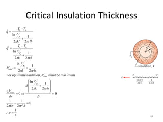 Critical Insulation Thickness
64
h
k
r
h
r
kr
dr
rh
k
r
r
d
dr
R
R
rh
k
r
r
R
rh
k
r
r
T
T
q
rlh
kl
r
r
T
T
q
i
total
total
i
total
i
i
i
i
































0
2
1
2
1
0
2
1
2
ln
0
d
maximum
be
must
,
insulation
optimum
For
2
1
2
ln
2
1
2
ln
2
1
2
ln
2












 