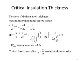 Critical Insulation Thickness…
65
fer
heat trans
maximizes
r
radius
Insulation
Critical
k/h
r
at
minimum
is
R
0
2
1
2
1
1
1
dr
R
d
,
h
k
r
at
1
2
1
dr
R
d
resistance
the
minimizes
or
maximizes
thickness
insulation
the
if
check
To
cr
total
2
3
2
2
total
2
3
2
2
total
2
h
k
h
k
k
k
h
k
h
r
kr






























 