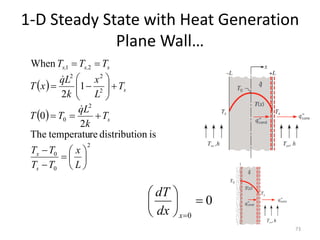 1-D Steady State with Heat Generation
Plane Wall…
73
 
 
2
0
0
2
0
2
2
2
2
1
is
on
distributi
re
temperatu
The
2
0
1
2
When

























L
x
T
T
T
T
T
k
L
q
T
T
T
L
x
k
L
q
x
T
T
T
T
s
x
s
s
s
s,
s,


0
0








x
dx
dT
 