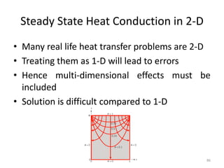 Steady State Heat Conduction in 2-D
• Many real life heat transfer problems are 2-D
• Treating them as 1-D will lead to errors
• Hence multi-dimensional effects must be
included
• Solution is difficult compared to 1-D
86
 