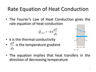 Rate Equation of Heat Conduction
• The Fourier’s Law of Heat Conduction gives the
rate equation of heat conduction
• k is the thermal conductivity
• is the temperature gradient
• The equation implies that heat transfers in the
direction of decreasing temperature
9
dx
dT
kA
Qcond 


dx
dT
 