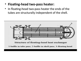 • Floating-head two-pass heater:
• In floating-head two-pass heater the ends of the
tubes are structurally independent of the shell.
 