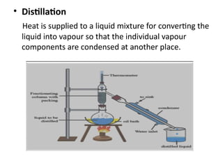 • Distillation
Heat is supplied to a liquid mixture for converting the
liquid into vapour so that the individual vapour
components are condensed at another place.
 