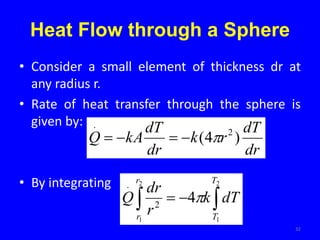 Heat Flow through a Sphere
• Consider a small element of thickness dr at
any radius r.
• Rate of heat transfer through the sphere is
given by:
• By integrating
dr
dT
r
k
dr
dT
kA
Q )
4
( 2
.






 

2
1
2
1
4
2
.
T
T
r
r
dT
k
r
dr
Q 
32
 