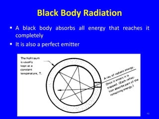 Black Body Radiation
 A black body absorbs all energy that reaches it
completely
 It is also a perfect emitter
46
 
