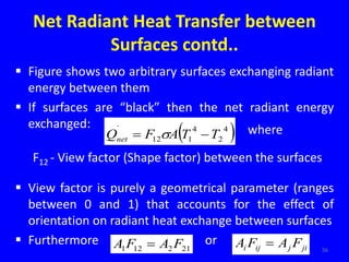 Net Radiant Heat Transfer between
Surfaces contd..
 Figure shows two arbitrary surfaces exchanging radiant
energy between them
 If surfaces are “black” then the net radiant energy
exchanged:
 View factor is purely a geometrical parameter (ranges
between 0 and 1) that accounts for the effect of
orientation on radiant heat exchange between surfaces
 Furthermore or
56
 
4
2
4
1
12
.
T
T
A
F
Qnet 
  where
F12 - View factor (Shape factor) between the surfaces
21
2
12
1 F
A
F
A  ji
j
ij
i F
A
F
A 
 