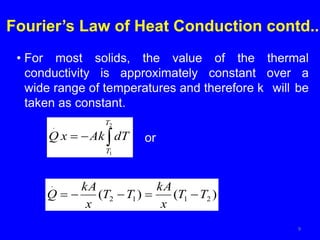 Fourier’s Law of Heat Conduction contd..
9
• For most solids, the value of the thermal
conductivity is approximately constant over a
wide range of temperatures and therefore k will be
taken as constant.



2
1
.
T
T
dT
Ak
x
Q or
)
(
)
( 2
1
1
2
.
T
T
x
kA
T
T
x
kA
Q 




 