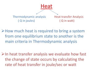 Heat
How much heat is required to bring a system
from one equilibrium state to another is the
main criteria in Thermodynamic analysis
In heat transfer analysis we evaluate how fast
the change of state occurs by calculating the
rate of heat transfer in joule/sec or watt
Thermodynamic analysis
( Q in joules)
Heat transfer Analysis
( Q in watt)
 