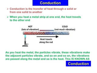 Conduction
 Conduction is the transfer of heat through a solid or
from one solid to another
 When you heat a metal strip at one end, the heat travels
to the other end
As you heat the metal, the particles vibrate, these vibrations make
the adjacent particles vibrate, and so on and so on, the vibrations
are passed along the metal and so is the heat. This IS KNOWN AS
Conduction
 