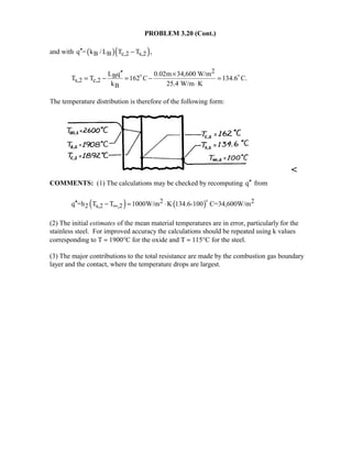 PROBLEM 3.20 (Cont.)
and with ( )( )B B c,2 s,2q = k / L T T ,′′ −
2
B
s,2 c,2
B
L q 0.02m 34,600 W/m
T T 162 C 134.6 C.
k 25.4 W/m K
′′ ×
= − = − =
⋅
 
The temperature distribution is therefore of the following form:

COMMENTS: (1) The calculations may be checked by recomputing q′′ from
( ) ( )2 2
2 s,2 ,2q =h T T 1000W/m K 134.6-100 C=34,600W/m∞′′ − = ⋅

(2) The initial estimates of the mean material temperatures are in error, particularly for the
stainless steel. For improved accuracy the calculations should be repeated using k values
corresponding to T ≈ 1900°C for the oxide and T ≈ 115°C for the steel.
(3) The major contributions to the total resistance are made by the combustion gas boundary
layer and the contact, where the temperature drops are largest.
 