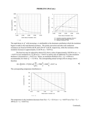 PROBLEM 3.50 (Cont.)
0.035 0.045 0.055 0.065 0.075
Outer radius of insulation, r3(m)
0
400
800
1200
1600
2000
Heatloss,qprime(W/m)
q1
0.035 0.045 0.055 0.065 0.075
Outer radius of insulation, r3(m)
0
0.5
1
1.5
2
Thermalresistance,Rprime(K/m.W)
Insulation conduction resistance, Rcond,m
Outer convection resistance, Rconv,o
Radiation resistance, Rrad
The rapid decay in q′ with increasing r3 is attributable to the dominant contribution which the insulation
begins to make to the total thermal resistance. The inside convection and tube wall conduction
resistances are fixed at 0.0106 m⋅K/W and 6.29×10-4
m⋅K/W, respectively, while the resistance of the
insulation increases to approximately 2 m⋅K/W at r3 = 0.075 m.
The heat loss may be reduced by almost 91% from a value of approximately 1830 W/m at r3 = r2
= 0.0375 m (no insulation) to 172 W/m at r3 = 0.0575 m and by only an additional 3% if the insulation
thickness is increased to r3 = 0.0775 m. Hence, an insulation thickness of (r3 - r2) = 0.020 m is
recommended, for which q′ = 172 W/m. The corresponding annual savings (AS) in energy costs is
therefore
( )[ ] 9
$4 h s
AS 1830 172 W m 7000 3600 $167 / m
y h10 J
= − × × = 
The corresponding temperature distribution is
0.038 0.042 0.046 0.05 0.054 0.058
Radial location in insulation, r(m)
300
340
380
420
460
500
Localtemperature,T(K)
Tr
The temperature in the insulation decreases from T(r) = T2 = 521 K at r = r2 = 0.0375 m to T(r) = T3 =
309 K at r = r3 = 0.0575 m.
Continued...
 