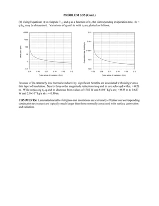 PROBLEM 3.55 (Cont.)
(b) Using Equation (1) to compute Ts,2 and q as a function of r2, the corresponding evaporation rate, m =
q/hfg, may be determined. Variations of q and m with r2 are plotted as follows.
0.25 0.26 0.27 0.28 0.29 0.3
Outer radius of insulation, r2(m)
0.1
1
10
100
1000
10000
Heatgain,q(W)
0.25 0.26 0.27 0.28 0.29 0.3
Outer radius of insulation, r2(m)
1E-6
1E-5
0.0001
0.001
0.01
Evaporationrate,mdot(kg/s)
Because of its extremely low thermal conductivity, significant benefits are associated with using even a
thin layer of insulation. Nearly three-order magnitude reductions in q and m are achieved with r2 = 0.26
m. With increasing r2, q and m decrease from values of 1702 W and 8×10-3
kg/s at r2 = 0.25 m to 0.627
W and 2.9×10-6
kg/s at r2 = 0.30 m.
COMMENTS: Laminated metallic-foil/glass-mat insulations are extremely effective and corresponding
conduction resistances are typically much larger than those normally associated with surface convection
and radiation.
 