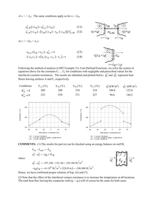 At x = + LB: The same conditions apply as for x = -LB,
( ) ( )x,B B x,C Bq L q L′′ ′′+ = + (11)
( ) ( ) ( )[ ]x,B B 2B B 2C B tc,BCq L T L T L R′′ ′′+ = + − + (12)
At x = +(LB + LC):
( )x,C B C cvq L L q 0′′− + − = (13)
( ) ( )[ ]C 5 C B Ck C h T L L T 0∞− − − + − = (14)
Following the method of analysis in IHT Example 3.6, User-Defined Functions, we solve the system of
equations above for the constants C1 ... C6 for conditions with negligible and prescribed values for the
interfacial constant resistances. The results are tabulated and plotted below; 1q′′ and 2q′′ represent heat
fluxes leaving surfaces A and C, respectively.
Conditions T1A (°C) T1B (°C) T2B (°C) T2C (°C) 1q′′ (kW/m2
) 2q′′ (kW/m2
)
tcR′′ = 0 260 260 210 210 106.8 132.0
tcR′′ ≠ 0 233 470 371 227 94.6 144.2
-60 -40 -20 0 20 40
Wall position, x-coordinate (mm)
100
300
500
Temperature,T(C)
T_xA, kA = 25 W/m.K
T_x, kB = 15 W/m.K, qdotB = 4.00e6 W/m^3
T_x, kC = 50 W/m.K
-60 -40 -20 0 20 40
Wall position, x-coordinate (mm)
100
300
500
Temperature,T(C)
T_xA, kA = 25 W/m.K
T_x, kB = 15 W/m.K, qdotB = 4.00e6 W/m^3
T_x, kC = 50 W/m.K
COMMENTS: (1) The results for part (a) can be checked using an energy balance on wall B,
in out gE E E− = −  
1 2 B Bq q q 2L′′ ′′− = − ×
where
2
1 2q q 107, 240 132,146 239,386 W m′′ ′′− = − − =
( )6 3 2
B Bq L 4 10 W m 2 0.03m 240,000 W m− = − × × = − .
Hence, we have confirmed proper solution of Eqs. (6) and (7).
(2) Note that the effect of the interfacial contact resistance is to increase the temperature at all locations.
The total heat flux leaving the composite wall (q1 + q2) will of course be the same for both cases.
 