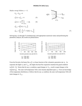 PROBLEM 3.80 (Cont.)
Surface energy balance, x = L:
in outE E 0− = 
x cv,iq (L) q 0′′ ′′− = (5)
x
x L
dT
q (L) k qL
dx =
′′ = − = +



 (6)
cv,i ,iq h T(L) T∞
′′ = −  
( )2
cv,i ,i
q
q h L T
2k
T 0 ∞′′ = − + −
 
  

(7)
Solving Eqs. (1) through (7) simultaneously with appropriate numerical values and performing the
parametric analysis, the results are plotted below.
0 500 1000 1500 2000
Volumetric generation rate, qdot (W/m^3)
0
100
200
300
400
Heaterflux,q''o(W/m^2)
Tinfi = 30 C
Tinfi = 50 C
Tinfi = 70 C
0 500 1000 1500 2000
Volumetric generation rate, qdot (W/m^3)
20
40
60
80
100
120
Walltemperature,T(0)(C)
Tinfi = 30 C
Tinfi = 50 C
Tinfi = 70 C
From the first plot, the heater flux oq′′ is a linear function of the volumetric generation rate q . As
expected, the higher q and ,iT∞ , the higher the heat flux required to maintain the guard condition
( xq′′ (0) = 0). Notice that for any q condition, equal changes in ,iT∞ result in equal changes in the
required oq′′ . The outer wall temperature T(0) is also linearly dependent upon q . From our knowledge
of the temperature distribution, it follows that for any q condition, the outer wall temperature T(0) will
track changes in ,iT∞ .
 