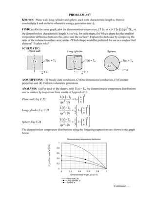 PROBLEM 3.97
KNOWN: Plane wall, long cylinder and sphere, each with characteristic length a, thermal
conductivity k and uniform volumetric energy generation rate q.
FIND: (a) On the same graph, plot the dimensionless temperature, [ ( ) ( )T x or r T a− ]/[ q a
2
/2k], vs.
the dimensionless characteristic length, x/a or r/a, for each shape; (b) Which shape has the smallest
temperature difference between the center and the surface? Explain this behavior by comparing the
ratio of the volume-to-surface area; and (c) Which shape would be preferred for use as a nuclear fuel
element? Explain why?
SCHEMATIC:
ASSUMPTIONS: (1) Steady-state conditions, (2) One-dimensional conduction, (3) Constant
properties and (4) Uniform volumetric generation.
ANALYSIS: (a) For each of the shapes, with T(a) = Ts, the dimensionless temperature distributions
can be written by inspection from results in Appendix C.3.
Plane wall, Eq. C.22
( ) 2
s
2
T x T x
1
aqa / 2k
−  
= − 
 
Long cylinder, Eq. C.23
( ) 2
s
2
T r T 1 r
1
2 aqa / 2k
 −  
 = − 
   
Sphere, Eq. C.24
( ) 2
s
2
T r T 1 r
1
3 aqa / 2k
 −  
 = − 
   
The dimensionless temperature distributions using the foregoing expressions are shown in the graph
below.
Dimensionless temperature distribution
0 0.2 0.4 0.6 0.8 1
Dimensionless length, x/a or r/a
0
0.2
0.4
0.6
0.8
1
(T_x,r-Ts)/(qdot*a^2/2*k)
Plane wall, 2a
Long cylinder, a
Sphere, a
Continued …..
 