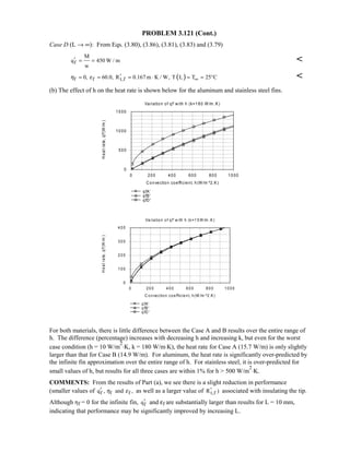 PROBLEM 3.121 (Cont.)
Case D (L → ∞): From Eqs. (3.80), (3.86), (3.81), (3.83) and (3.79)
f
M
q 450 W / m
w
′ = = 
( )f f t,f0, 60.0, R 0.167 m K / W, T L T 25 Cη ε ∞′= = = ⋅ = = ° 
(b) The effect of h on the heat rate is shown below for the aluminum and stainless steel fins.
For both materials, there is little difference between the Case A and B results over the entire range of
h. The difference (percentage) increases with decreasing h and increasing k, but even for the worst
case condition (h = 10 W/m
2
⋅K, k = 180 W/m⋅K), the heat rate for Case A (15.7 W/m) is only slightly
larger than that for Case B (14.9 W/m). For aluminum, the heat rate is significantly over-predicted by
the infinite fin approximation over the entire range of h. For stainless steel, it is over-predicted for
small values of h, but results for all three cases are within 1% for h  500 W/m
2
⋅K.
COMMENTS: From the results of Part (a), we see there is a slight reduction in performance
(smaller values of f f fq , and ,η ε′ as well as a larger value of t,fR )′ associated with insulating the tip.
Although ηf = 0 for the infinite fin, fq′ and εf are substantially larger than results for L = 10 mm,
indicating that performance may be significantly improved by increasing L.
Variation of qf' w ith h (k=180 W/m .K)
0 200 400 600 800 1000
C onvection coefficient, h(W/m ^2.K)
0
500
1000
1500
Heatrate,qf'(W/m)
qfA'
qfB'
qfD '
Va ria tio n o f q f' w ith h (k=1 5 W /m .K )
0 2 0 0 4 0 0 6 0 0 8 0 0 1 0 0 0
C o n ve ctio n co e fficie n t, h (W /m ^2 .K )
0
1 0 0
2 0 0
3 0 0
4 0 0
Heatrate,qf'(W/m)
q fA'
q fB'
q fD '
 