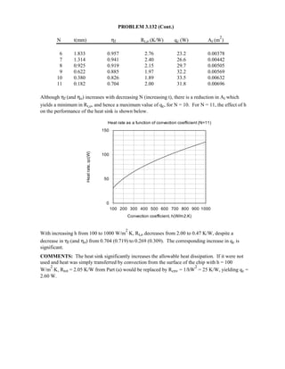 PROBLEM 3.132 (Cont.)
N t(mm) ηf Rt,o (K/W) qc (W) At (m
2
)
6 1.833 0.957 2.76 23.2 0.00378
7 1.314 0.941 2.40 26.6 0.00442
8 0.925 0.919 2.15 29.7 0.00505
9 0.622 0.885 1.97 32.2 0.00569
10 0.380 0.826 1.89 33.5 0.00632
11 0.182 0.704 2.00 31.8 0.00696
Although ηf (and ηo) increases with decreasing N (increasing t), there is a reduction in At which
yields a minimum in Rt,o, and hence a maximum value of qc, for N = 10. For N = 11, the effect of h
on the performance of the heat sink is shown below.
With increasing h from 100 to 1000 W/m
2
⋅K, Rt,o decreases from 2.00 to 0.47 K/W, despite a
decrease in ηf (and ηo) from 0.704 (0.719) to 0.269 (0.309). The corresponding increase in qc is
significant.
COMMENTS: The heat sink significantly increases the allowable heat dissipation. If it were not
used and heat was simply transferred by convection from the surface of the chip with h = 100
W/m
2
⋅K, Rtot = 2.05 K/W from Part (a) would be replaced by Rcnv = 1/hW
2
= 25 K/W, yielding qc =
2.60 W.
Heat rate as a function of convection coefficient (N=11)
100 200 300 400 500 600 700 800 900 1000
Convection coefficient, h(W/m2.K)
0
50
100
150
Heatrate,qc(W)
 