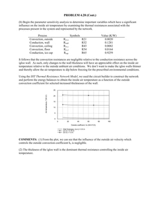 PROBLEM 4.28 (Cont.)
(b) Begin the parameter sensitivity analysis to determine important variables which have a significant
influence on the inside air temperature by examining the thermal resistances associated with the
processes present in the system and represented by the network.
Process Symbols Value (K/W)
Convection, outside Rcv,o R21 0.0020
Conduction, wall Rwall R32 0.1281
Convection, ceiling Rcv,c R43 0.0082
Convection, floor Rcv,f R54 0.0164
Conduction, ice cap Rcap R65 0.9259
It follows that the convection resistances are negligible relative to the conduction resistance across the
igloo wall. As such, only changes to the wall thickness will have an appreciable effect on the inside air
temperature relative to the outside ambient air conditions. We don’t want to make the igloo walls thinner
and thereby allow the air temperature to dip below freezing for the prescribed environmental conditions.
Using the IHT Thermal Resistance Network Model, we used the circuit builder to construct the network
and perform the energy balances to obtain the inside air temperature as a function of the outside
convection coefficient for selected increased thicknesses of the wall.
0 20 40 60 80 100
Outside coefficient, ho (W/m^2.K)
0
5
10
15
20
25
Airtemperature,Tinfi(C)
Wall thickness, (ro-ri) = 0.5 m
(ro-ri) = 0.75 m
(ro-ri) = 1.0 m
COMMENTS: (1) From the plot, we can see that the influence of the outside air velocity which
controls the outside convection coefficient ho is negligible.
(2) The thickness of the igloo wall is the dominant thermal resistance controlling the inside air
temperature.
 