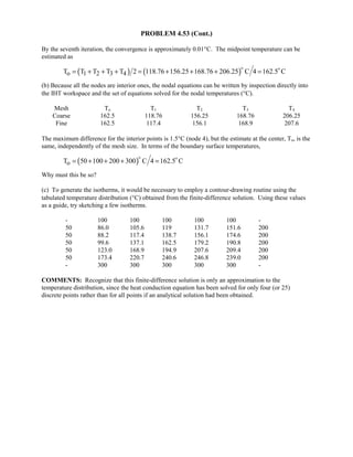 PROBLEM 4.53 (Cont.)
By the seventh iteration, the convergence is approximately 0.01°C. The midpoint temperature can be
estimated as
( ) ( )o 1 2 3 4T T T T T 2 118.76 156.25 168.76 206.25 C 4 162.5 C= + + + = + + + =
 
(b) Because all the nodes are interior ones, the nodal equations can be written by inspection directly into
the IHT workspace and the set of equations solved for the nodal temperatures (°C).
Mesh To T1 T2 T3 T4
Coarse 162.5 118.76 156.25 168.76 206.25
Fine 162.5 117.4 156.1 168.9 207.6
The maximum difference for the interior points is 1.5°C (node 4), but the estimate at the center, To, is the
same, independently of the mesh size. In terms of the boundary surface temperatures,
( )oT 50 100 200 300 C 4 162.5 C= + + + =
 
Why must this be so?
(c) To generate the isotherms, it would be necessary to employ a contour-drawing routine using the
tabulated temperature distribution (°C) obtained from the finite-difference solution. Using these values
as a guide, try sketching a few isotherms.
- 100 100 100 100 100 -
50 86.0 105.6 119 131.7 151.6 200
50 88.2 117.4 138.7 156.1 174.6 200
50 99.6 137.1 162.5 179.2 190.8 200
50 123.0 168.9 194.9 207.6 209.4 200
50 173.4 220.7 240.6 246.8 239.0 200
- 300 300 300 300 300 -
COMMENTS: Recognize that this finite-difference solution is only an approximation to the
temperature distribution, since the heat conduction equation has been solved for only four (or 25)
discrete points rather than for all points if an analytical solution had been obtained.
 
