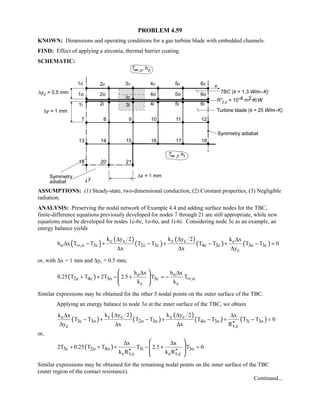 PROBLEM 4.59
KNOWN: Dimensions and operating conditions for a gas turbine blade with embedded channels.
FIND: Effect of applying a zirconia, thermal barrier coating.
SCHEMATIC:
ASSUMPTIONS: (1) Steady-state, two-dimensional conduction, (2) Constant properties, (3) Negligible
radiation.
ANALYSIS: Preserving the nodal network of Example 4.4 and adding surface nodes for the TBC,
finite-difference equations previously developed for nodes 7 through 21 are still appropriate, while new
equations must be developed for nodes 1c-6c, 1o-6o, and 1i-6i. Considering node 3c as an example, an
energy balance yields
( ) ( )
( )
( )
( ) ( )c c c c c
o ,o 3c 2c 3c 4c 3c 3o 3c
c
k y 2 k y 2 k x
h x T T T T T T T T 0
x x y
∞
∆ ∆ ∆
∆ − + − + − + − =
∆ ∆ ∆
or, with ∆x = 1 mm and ∆yc = 0.5 mm,
( ) o o
2c 4c 3o 3c ,o
c c
h x h x
0.25 T T 2T 2.5 T T
k k
∞
∆ ∆
+ + − + = −
 
 
 
Similar expressions may be obtained for the other 5 nodal points on the outer surface of the TBC.
Applying an energy balance to node 3o at the inner surface of the TBC, we obtain
( )
( )
( )
( )
( ) ( )c c c cc
3c 3o 2o 3o 4o 3o 3i 3o
c t,c
k y 2 k y 2k x x
T T T T T T T T 0
y x x R
∆ ∆∆ ∆
− + − + − + − =
′′∆ ∆ ∆
or,
( )3c 2o 4o 3i 3o
c t,c c t,c
x x
2T 0.25 T T T 2.5 T 0
k R k R
∆ ∆
+ + + − + =
′′ ′′
 
  
 
Similar expressions may be obtained for the remaining nodal points on the inner surface of the TBC
(outer region of the contact resistance).
Continued...
 