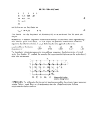 PROBLEM 4.64 (Cont.)
0 0 0 0 0
25 18 75 12 5 6 25
50 37 5 25 0
75 56 25
00
. . .
. .
.

and the heat rate and shape factor are
totq 100W m S 1′ = = 
From Table 4.1, the edge shape factor is 0.54, considerably below our estimate from this coarse grid
analysis.
(b) The effect of the linear temperature distribution on the shape factor estimate can be explored using a
more extensive grid as shown below. The FDE analysis was performed with the linear distribution
imposed as the different sections a, b, c, d, e. Following the same approach as above, find
Location of linear distribution (a) (b) (c) (d) (e)
Shape factor, S 0.797 0.799 0.809 0.857 1.00
The shape factor estimate decreases as the imposed linear temperature distribution section is located
further from the edge. We conclude that assuming the temperature distribution across the section directly
at the edge is a poor-one.
COMMENTS: The grid spacing for this analysis is quite coarse making the estimates in poor agreement
with the Table 4.1 result. However, the analysis does show the effect of positioning the linear
temperature distribution condition.
 