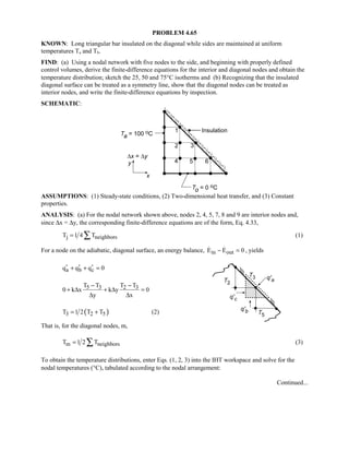 PROBLEM 4.65
KNOWN: Long triangular bar insulated on the diagonal while sides are maintained at uniform
temperatures Ta and Tb.
FIND: (a) Using a nodal network with five nodes to the side, and beginning with properly defined
control volumes, derive the finite-difference equations for the interior and diagonal nodes and obtain the
temperature distribution; sketch the 25, 50 and 75°C isotherms and (b) Recognizing that the insulated
diagonal surface can be treated as a symmetry line, show that the diagonal nodes can be treated as
interior nodes, and write the finite-difference equations by inspection.
SCHEMATIC:
ASSUMPTIONS: (1) Steady-state conditions, (2) Two-dimensional heat transfer, and (3) Constant
properties.
ANALYSIS: (a) For the nodal network shown above, nodes 2, 4, 5, 7, 8 and 9 are interior nodes and,
since ∆x = ∆y, the corresponding finite-difference equations are of the form, Eq. 4.33,
j neighborsT 1 4 T= ∑ (1)
For a node on the adiabatic, diagonal surface, an energy balance, in outE E 0− =  , yields
a b cq q q 0′ ′ ′+ + =
5 3 2 3T T T T
0 k x k y 0
y x
− −
+ ∆ + ∆ =
∆ ∆
( )3 2 5T 1 2 T T= + (2)
That is, for the diagonal nodes, m,
m neighborsT 1 2 T= ∑ (3)
To obtain the temperature distributions, enter Eqs. (1, 2, 3) into the IHT workspace and solve for the
nodal temperatures (°C), tabulated according to the nodal arrangement:
Continued...
 