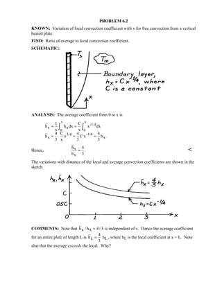 PROBLEM 6.2
KNOWN: Variation of local convection coefficient with x for free convection from a vertical
heated plate.
FIND: Ratio of average to local convection coefficient.
SCHEMATIC:
ANALYSIS: The average coefficient from 0 to x is
x x
0 0
-1/4
x x
3/4 -1/4
x x
1 C
h h dx x dx
x x
4 C 4 4
h x C x h .
3 x 3 3
= =
= = =
∫ ∫
Hence, x
x
h 4
.
h 3
= 
The variations with distance of the local and average convection coefficients are shown in the
sketch.
COMMENTS: Note that h / h 4/3x x = is independent of x. Hence the average coefficient
for an entire plate of length L is L L
4
h h
3
= , where hL is the local coefficient at x = L. Note
also that the average exceeds the local. Why?
 